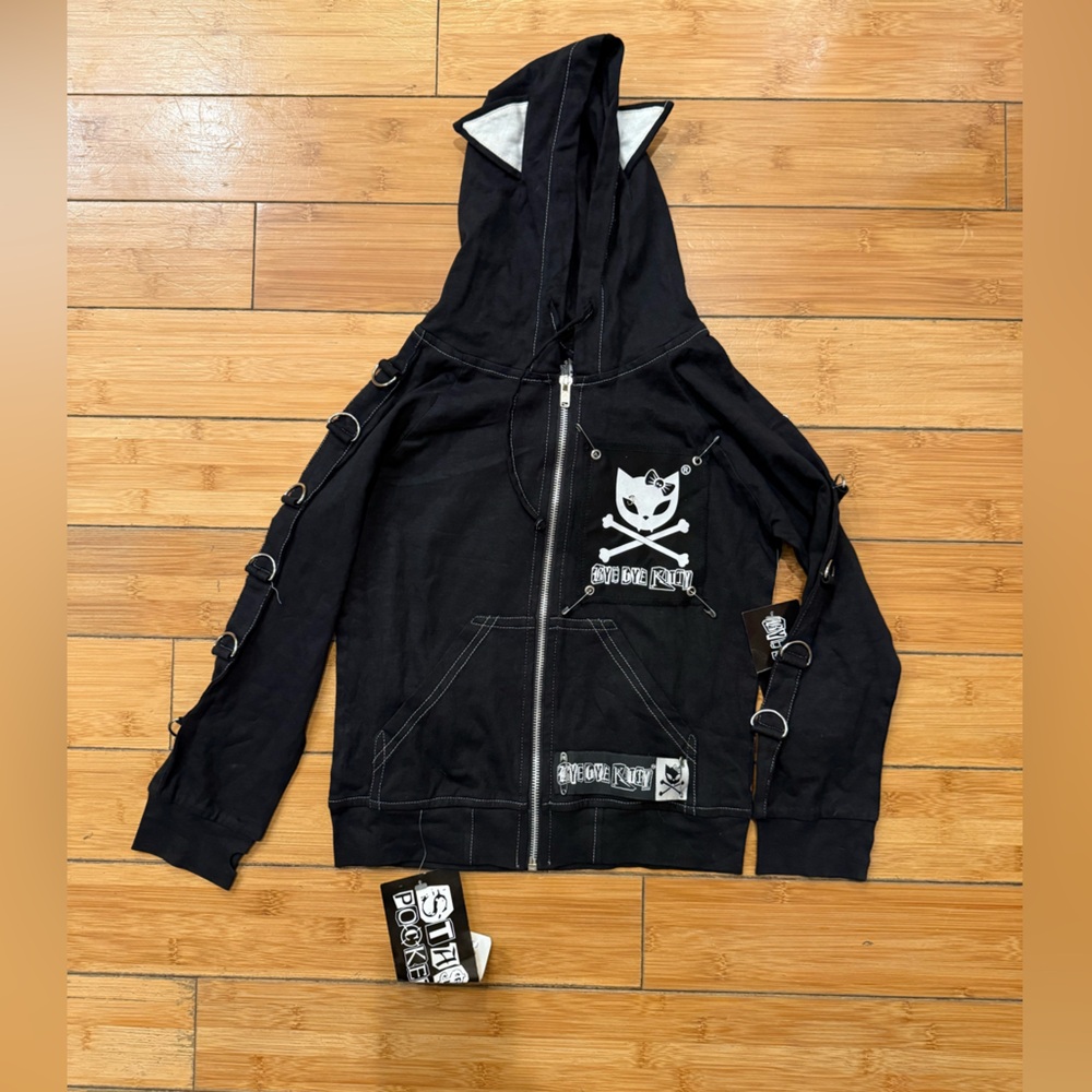 NWT Bye Bye Kitty Youth S Black Pierced Cat Vintage Hoodie skull D ring